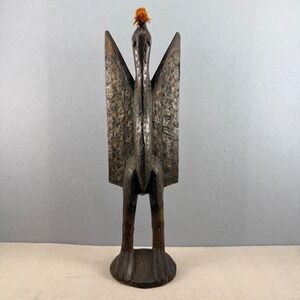 Vintage Senufo Wood and Brass Clad Hornbill Bird Sculpture Mali